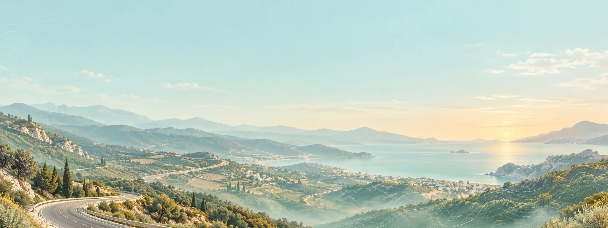 Paisaje ilustrativo de una carretera entre montañas y costa española